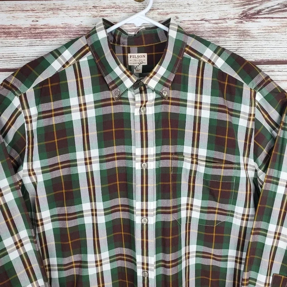 Filson Mens Large Sutter Sport Brown/Green Plaid Long Sleeve Button Down Shirt - Picture 2 of 11